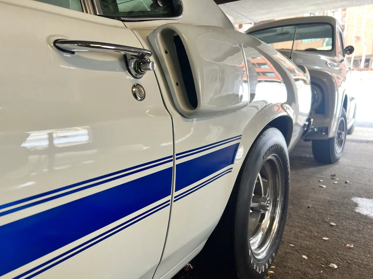 Shelby GT500 racing stripe and panel detail closeup
